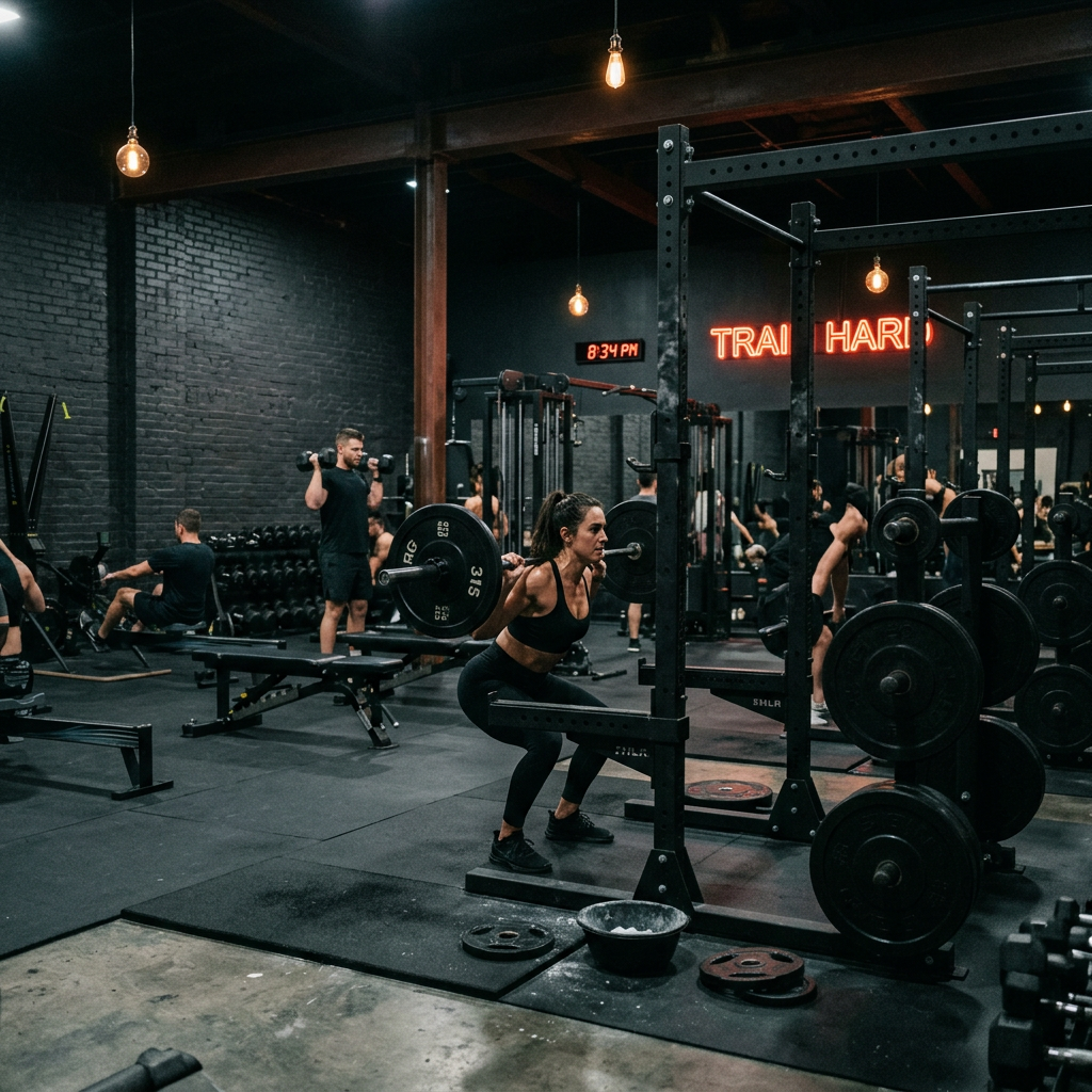 Woman doing barbell squats in a gym with other people working out
