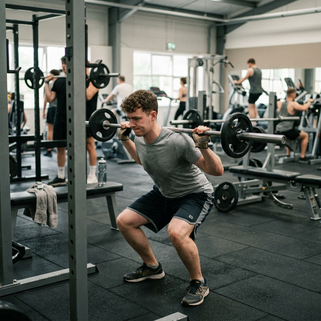 Young man performing barbell squats with weighted bar in gym