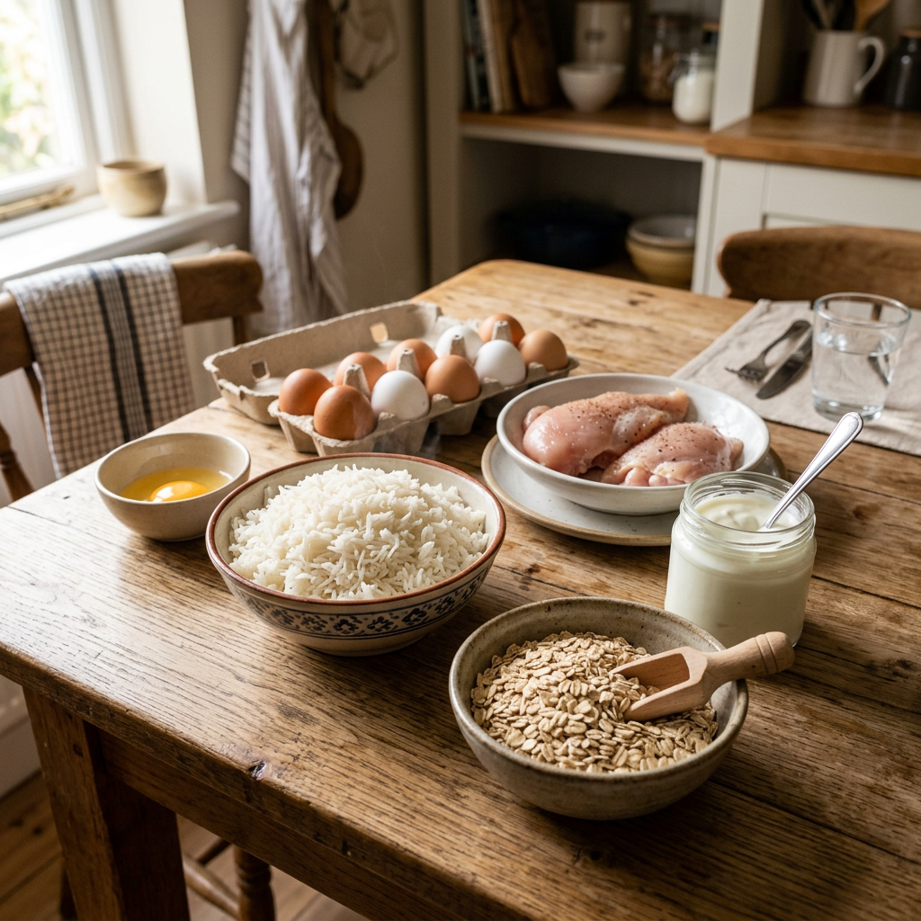 Carton of eggs, bowl of cooked rice, raw seasoned chicken pieces on a plate, bowl of oats with scoop, jar of yogurt with spoon, and cracked egg in a bowl on wooden table